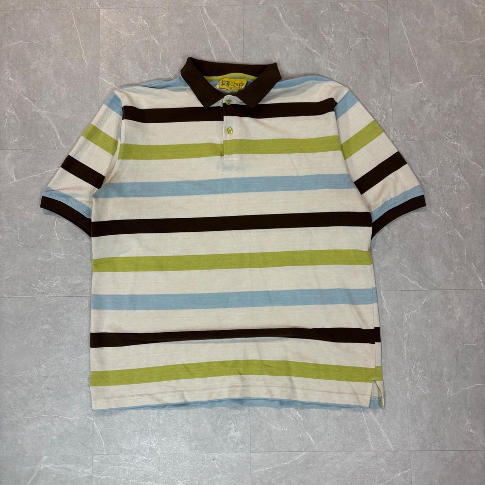 Vintage Lee Mark Mens Striped Polo Shirt Brown Green Blue Short Sleeve Size M